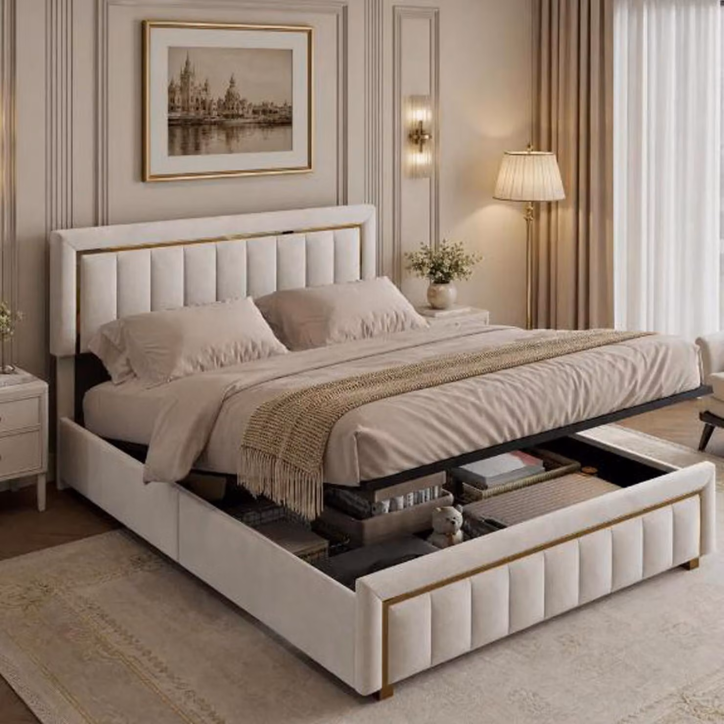 Letto con boxspring INONEFT, 180x200 cm, con sistema di sollevamento idraulico e contenitore, rete a doghe, imbottitura in velluto, colore beige, adatto per una coppia o come letto per ragazzi