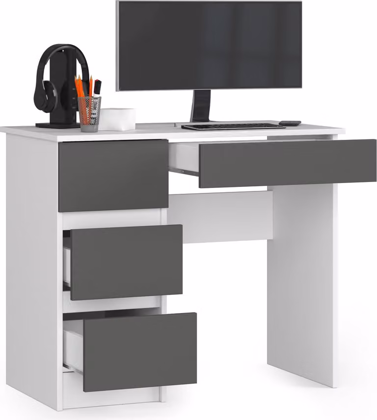 BDW scrivania per ufficio con 4 cassetti, scrivania da gioco, bianco/grigio a sinistra
