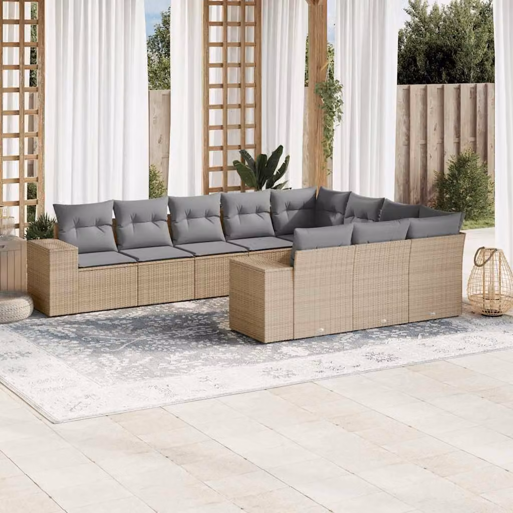 vidaXL Set Divano da Giardino a L 10 pz con Cuscini Beige in Polyrattan e Struttura in Acciaio