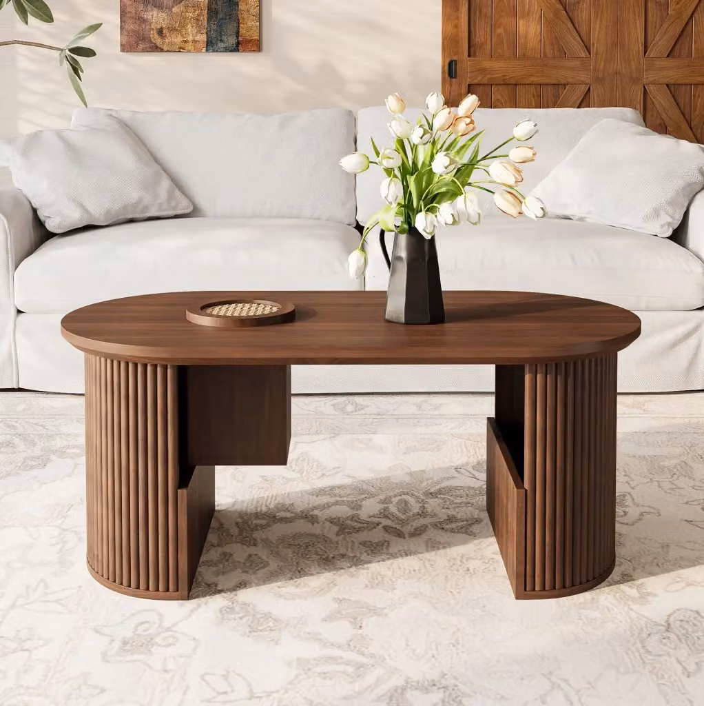 Tavolino da caffè ovale MODFU in MDF color noce con vani contenitore L: 105 cm, P: 50 cm, H: 46,5 cm – 2
