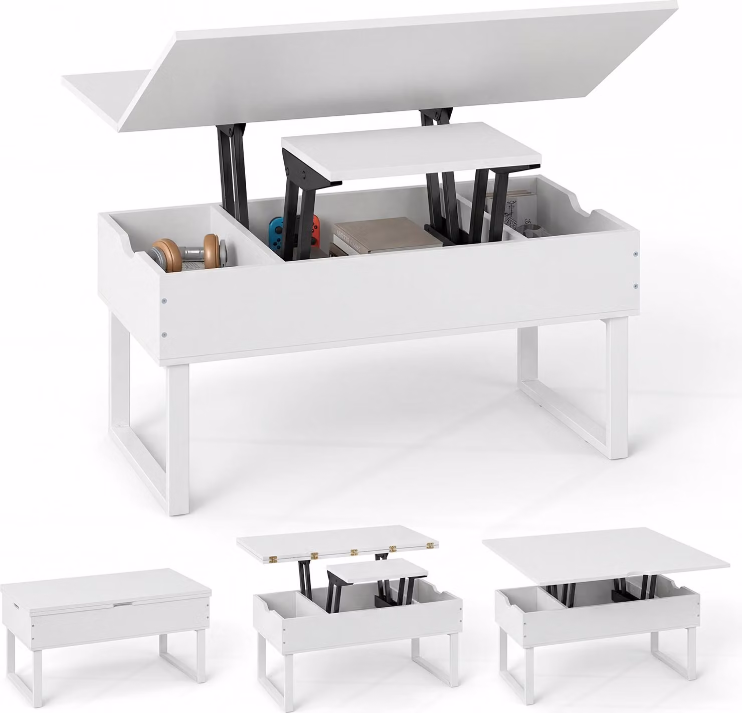 COSTWAY Tavolino regolabile in altezza, tavolino da salotto 3 in 1 con 3 scomparti nascosti, tavolino da caffè trasformabile in tavolo da pranzo, tavolino da divano in legno, bianco