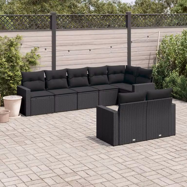 vidaXL Set Divani da Giardino a L con Cuscini 8 pz Nero in Polyrattan e Acciaio