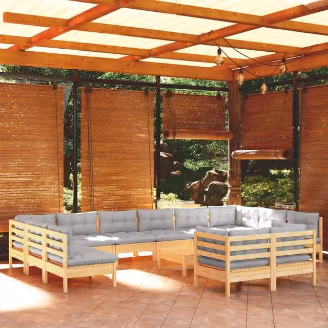 Set di Divani da Giardino vidaXL in Legno di Pino Massello con Cuscini Grigi, Design Moderno a Forma di U, 13 Pezzi