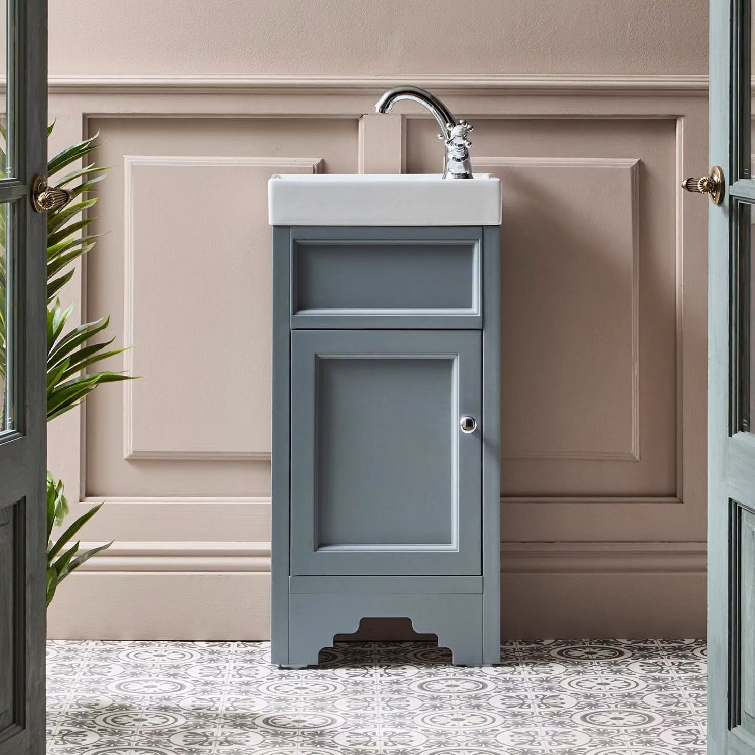 Mobile Bagno Grigio Chiaro da 400mm con Lavabo e Maniglia Classica Rotonda Cromata - Thornton