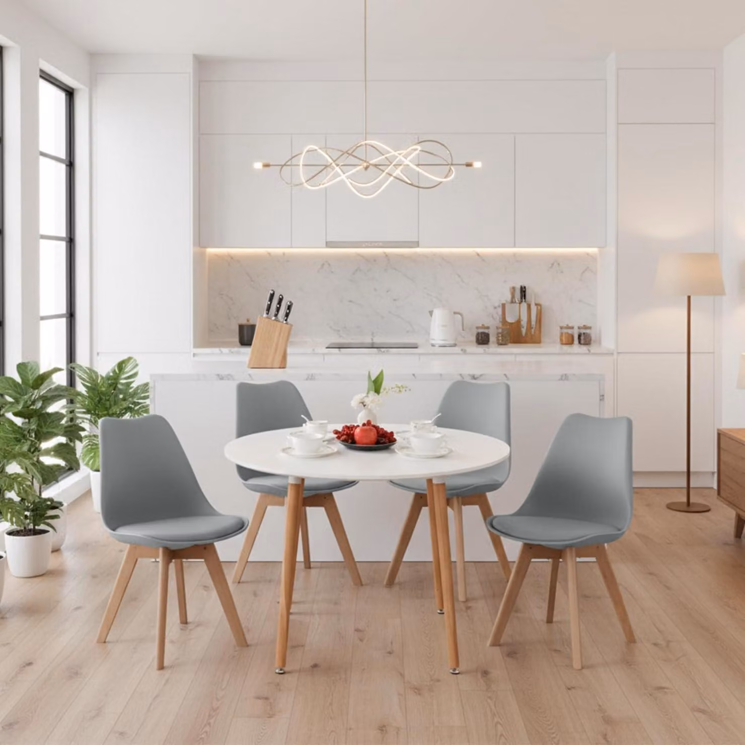 Set tavolo da pranzo con 4 sedie, colore bianco/grigio, legno di faggio, dimensioni 100x100 cm