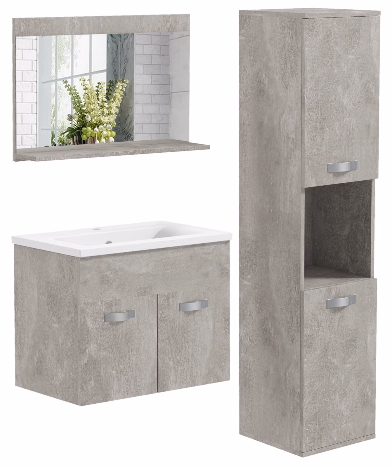 Set di mobili da bagno - Mobiletto da bagno - Mobile lavabo - Specchiera - Mobile a colonna - Design sospeso