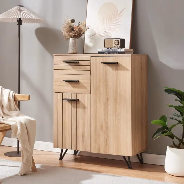 Credenza Noppen en.casa con cassetti e ante, effetto rovere, L: 100 cm, H: 80 cm, P: 38 cm
