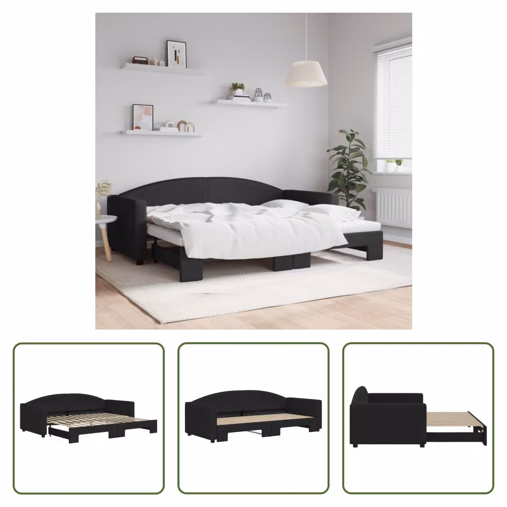 The Living Store letto da giorno allungabile nero 90x200 cm in tessuto