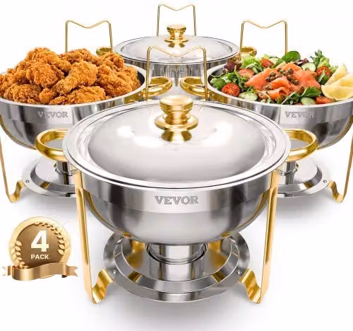 Scaldavivande per Buffet VEVOR con 4 Padelle e Coperchio, Distributore di Calore Rotondo in Acciaio Inox, Dorato, 4,7 L