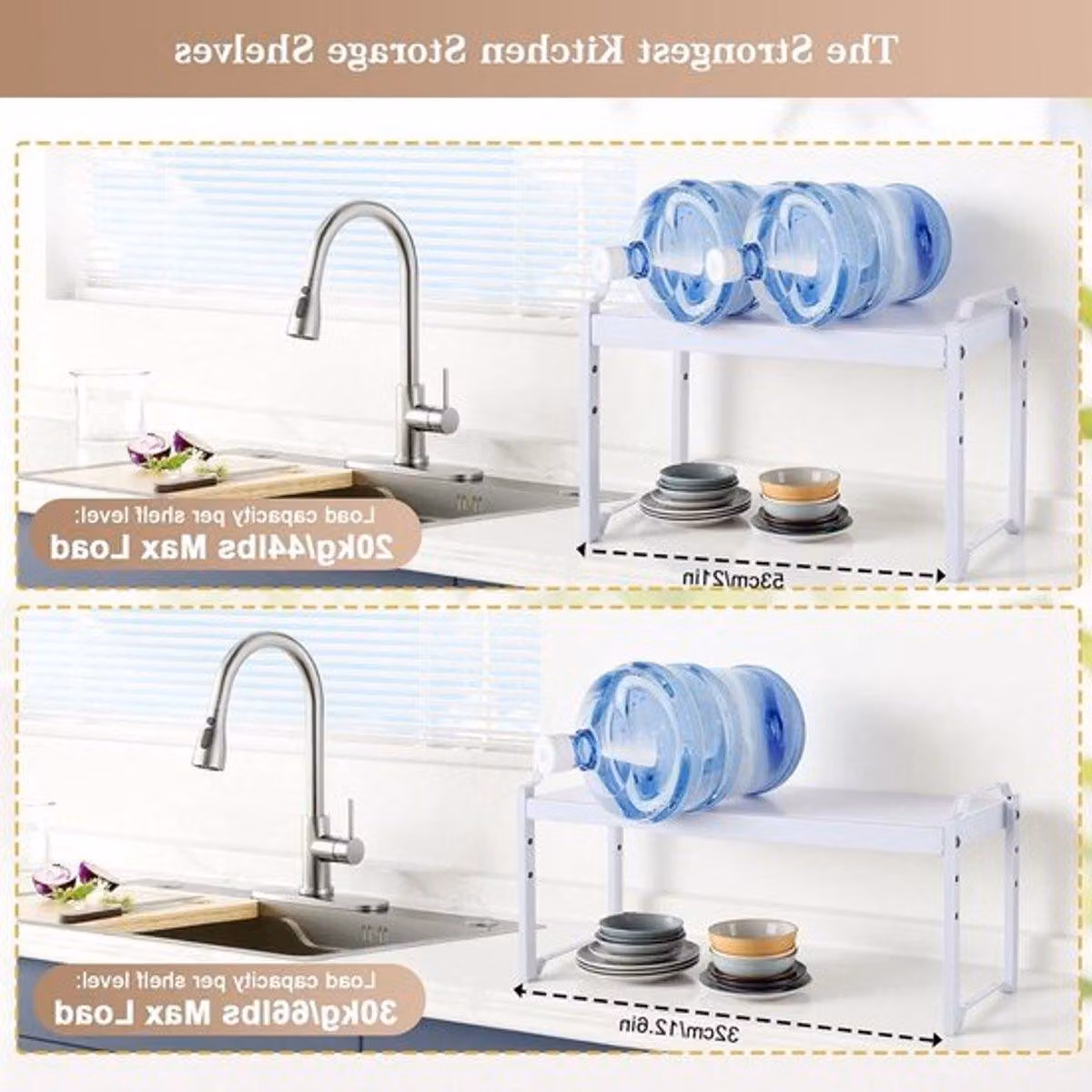 Organizzatore espandibile per scaffali da cucina, da 32 a 53 cm, mensole robuste per armadietti da cucina, regolabili, di colore bianco, con 3 diverse altezze per un efficiente spazio di stoccaggio