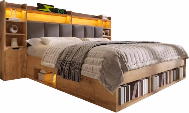 Letto matrimoniale 180x200 cm con LED; USB e USB-C; MDF e metallo; rovere