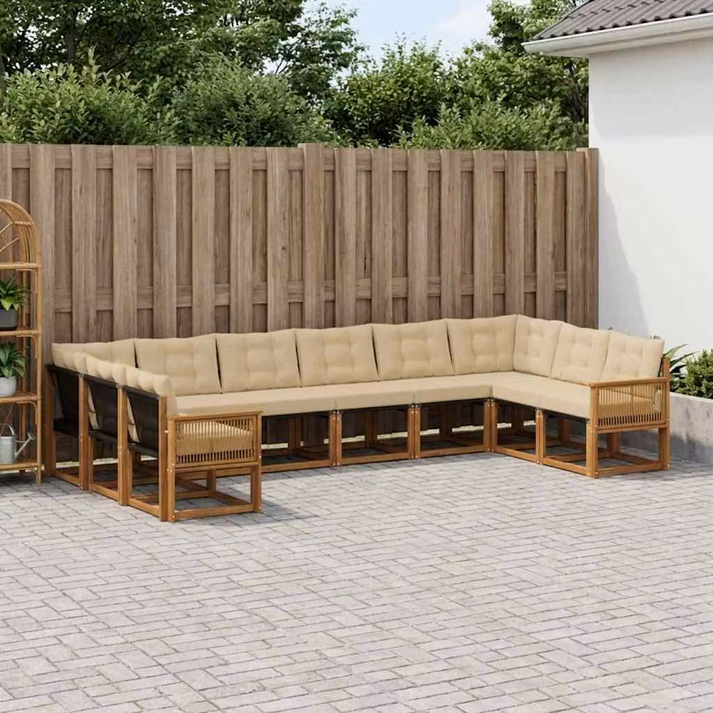 Set di divani da esterno vidaXL a forma di L composto da 10 pezzi in legno di acacia e textilene, colore beige e marrone