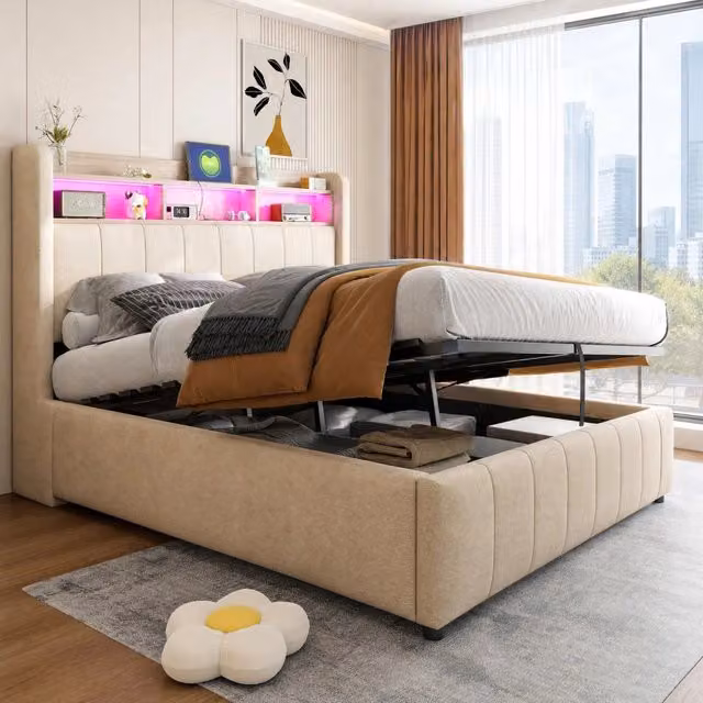 Letto imbottito 140 x 200 cm con vano contenitore idraulico; LED; USB e Type-C; beige