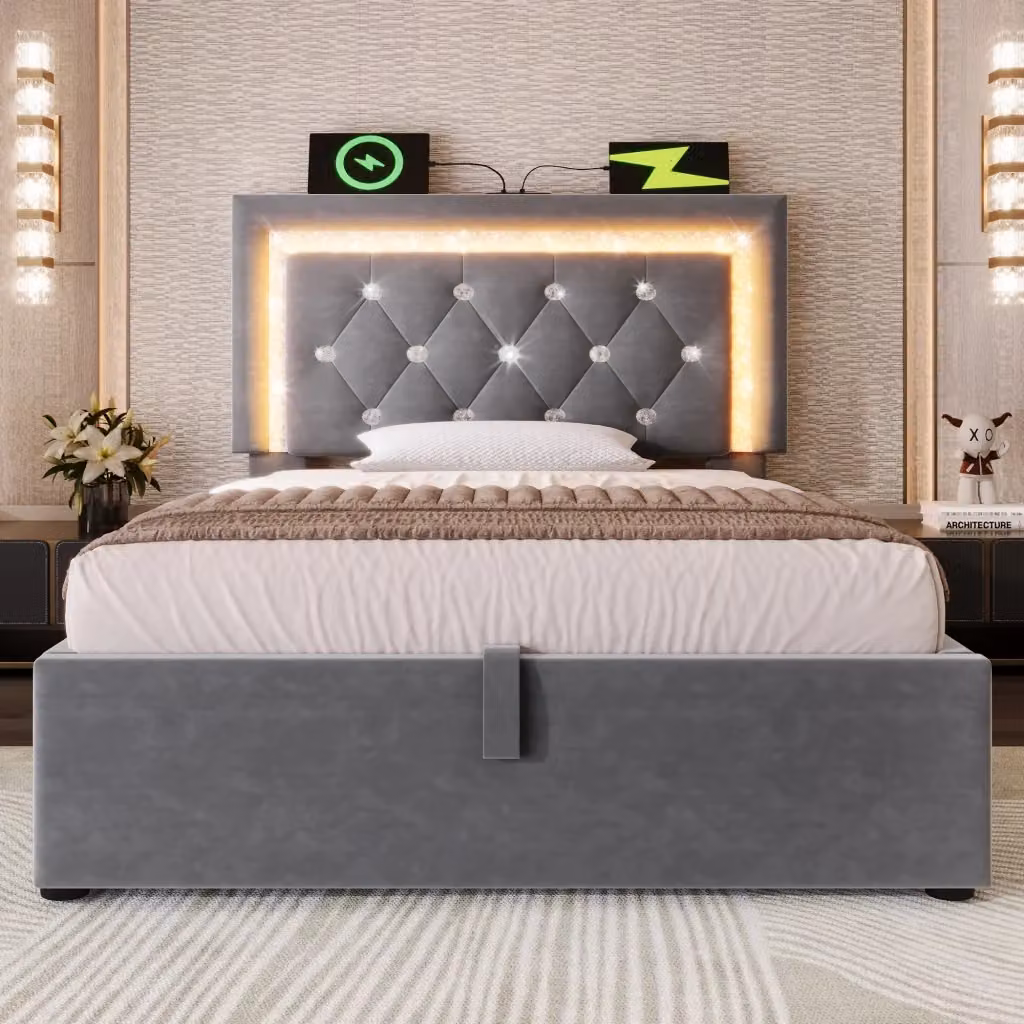 Letto singolo con contenitore Mivray in velluto grigio con illuminazione LED e porte USB e Type-C, L/P/H: 90 x 200 x 101 cm – 2