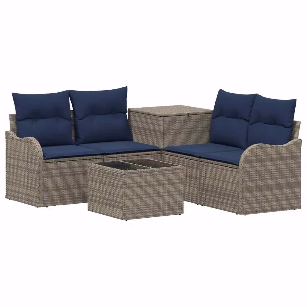 Set di divani da giardino vidaXL a forma di L in rattan e acciaio, 6 pezzi, Grigio e Blu Navy con cuscini inclusi – 2