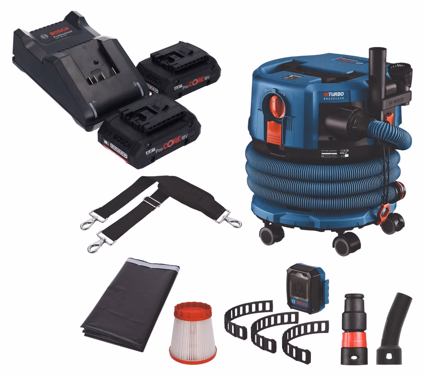 Bosch GAS 18V-12 MC Aspiratore professionale a batteria BITURBO Brushless + 2x batteria ProCore 4,0 Ah + caricabatterie + accessori