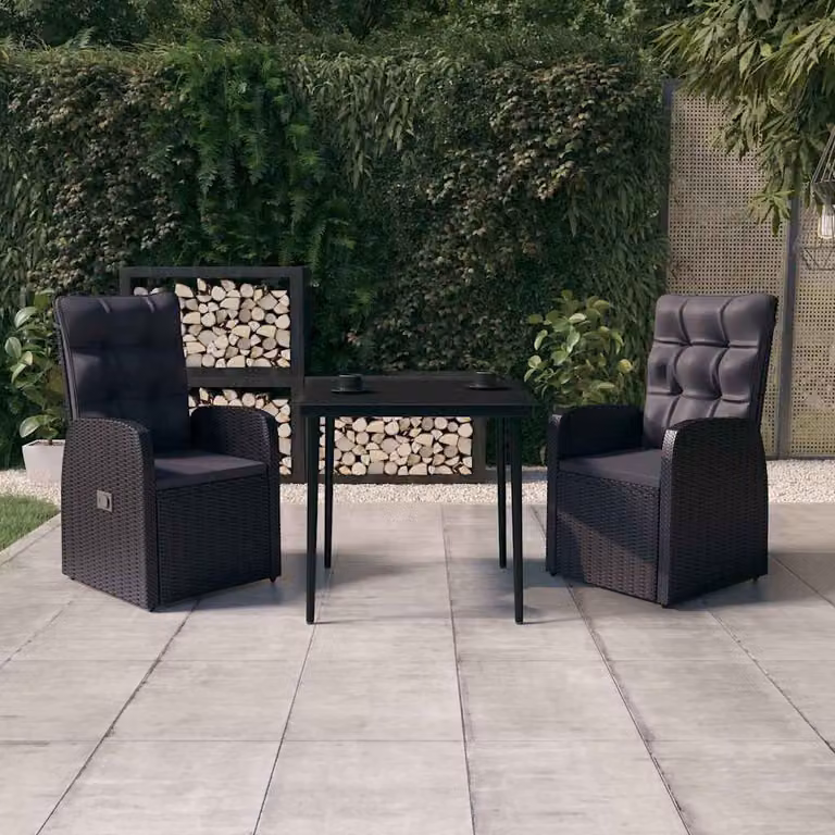 Set da Pranzo da Giardino vidaXL in Polyrattan Nero con Cuscini e Tavolo in Vetro