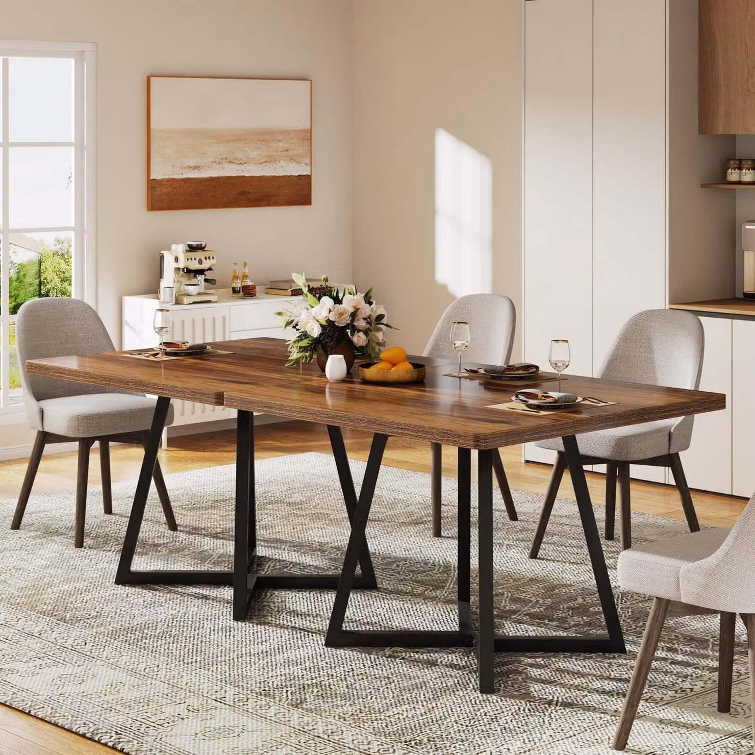 Tavolo quadrato da pranzo, 80 cm, stile industriale, gambe in metallo, aspetto rustico, colore marrone e nero, confezione da 2 pezzi