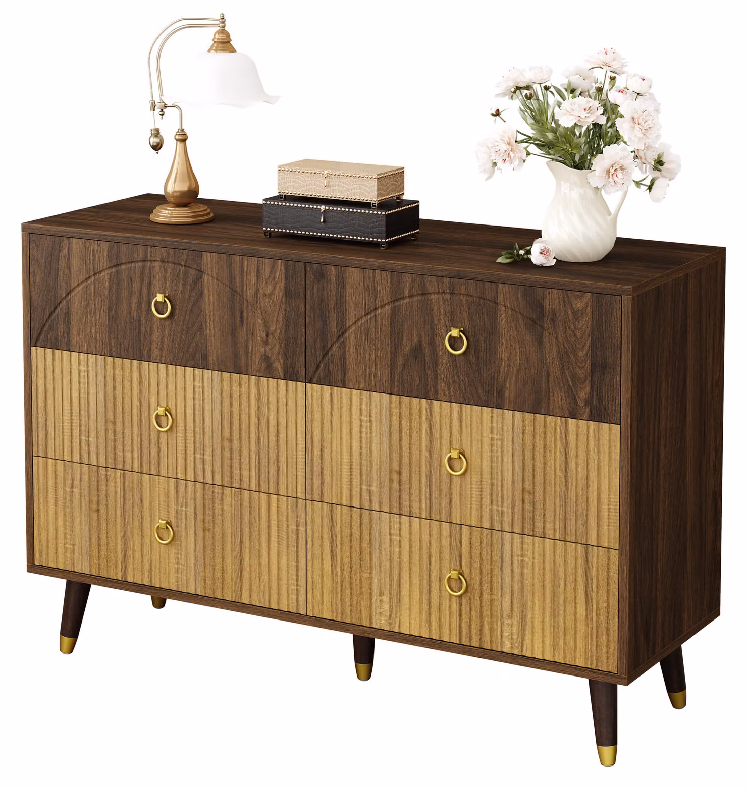 Mobile portaoggetti Moonbite con 6 cassetti, mobiletto da 120 cm con design bicolore, frontale a listelli, gambe in legno massello, armadio da pranzo, realizzato in pannello MDF e pannello truciolare, finitura naturale