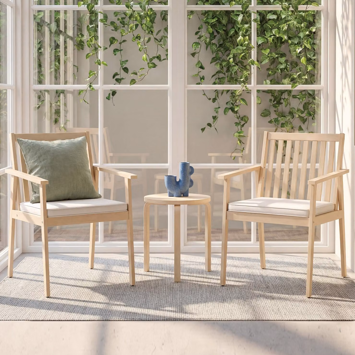 Set di 2 sedie da giardino Costway in legno di acacia con braccioli e cuscini bianchi imbottiti e rimovibili