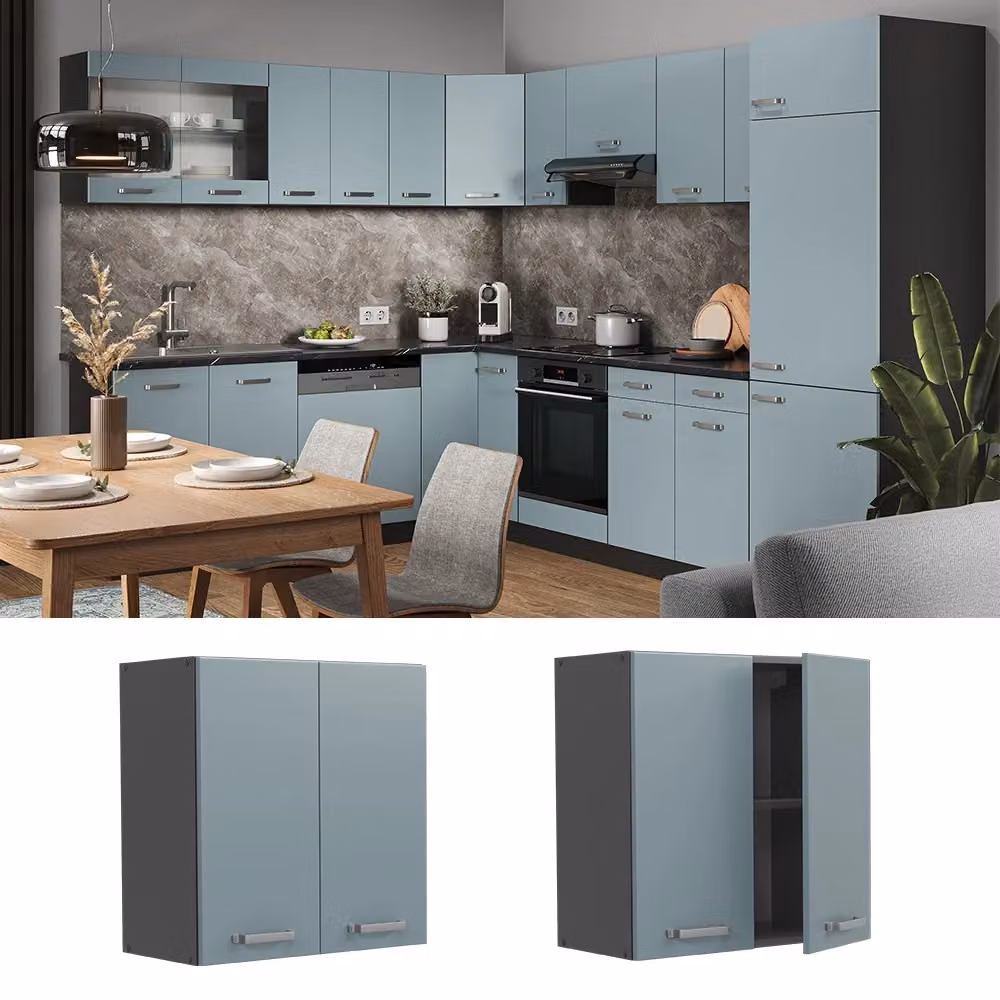 Pensile da cucina Vicco R-Line moderno in legno e metallo, finitura opaca, colore antracite e blu, L: 60 cm, H: 31 cm, P: 14,3 cm – 2