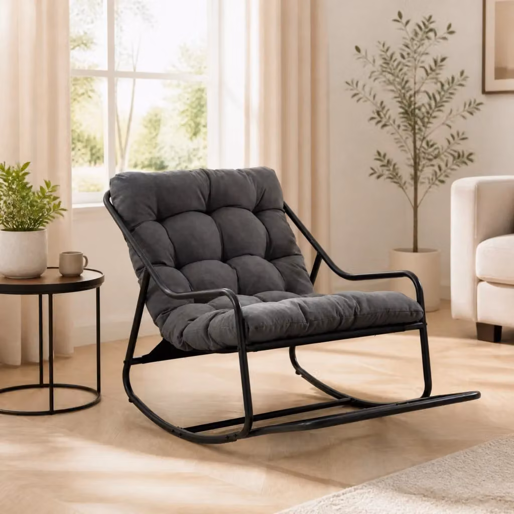Poltrona a dondolo da esterno MODFU con cuscino spesso, struttura in metallo nero e grigio, L 75 cm x P 116 cm x H 82 cm – 2
