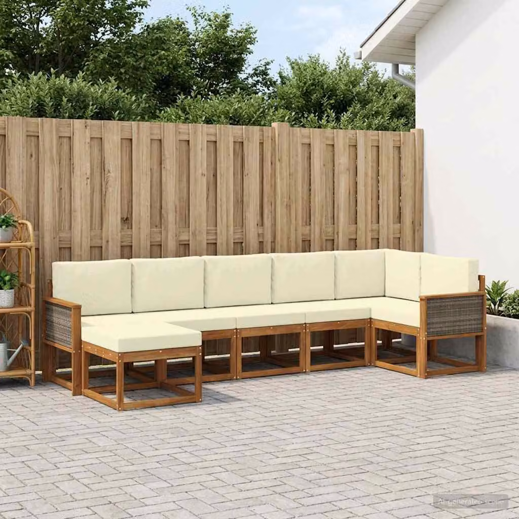 Set di divani da esterno vidaXL 7 pz a forma di L in legno di acacia con cuscini beige e marrone