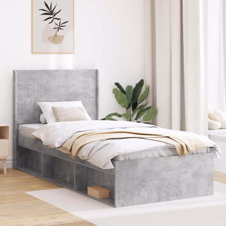 Struttura letto con testata e contenitore laterale vidaXL in legno MDF Grigio Cemento L: 140 cm, P: 100 cm, H: 203 cm
