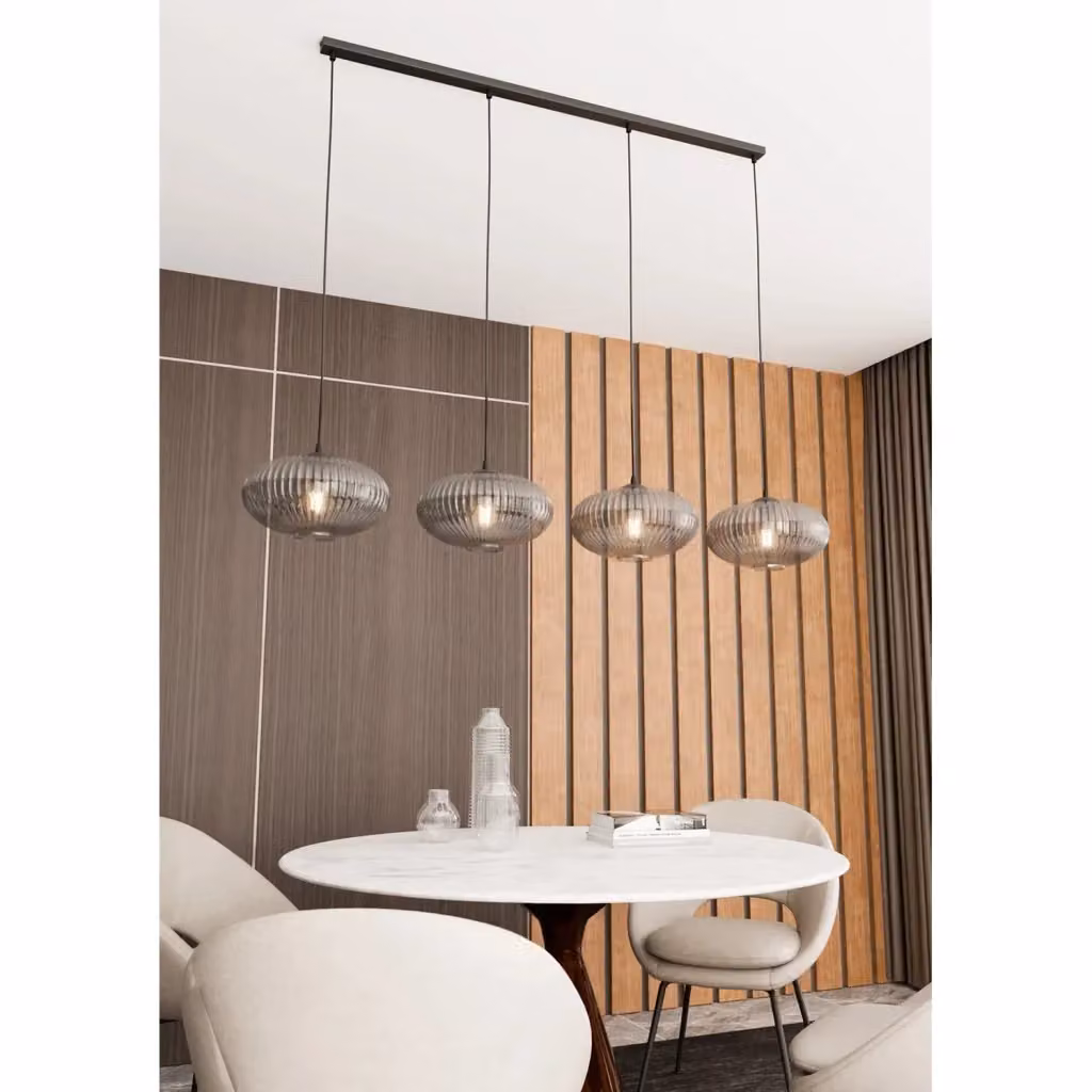 Lampadario a sospensione Suchos Luceart-Classic con 4 luci in acciaio nero e paralumi plissettati in vetro fumè grigio – 2