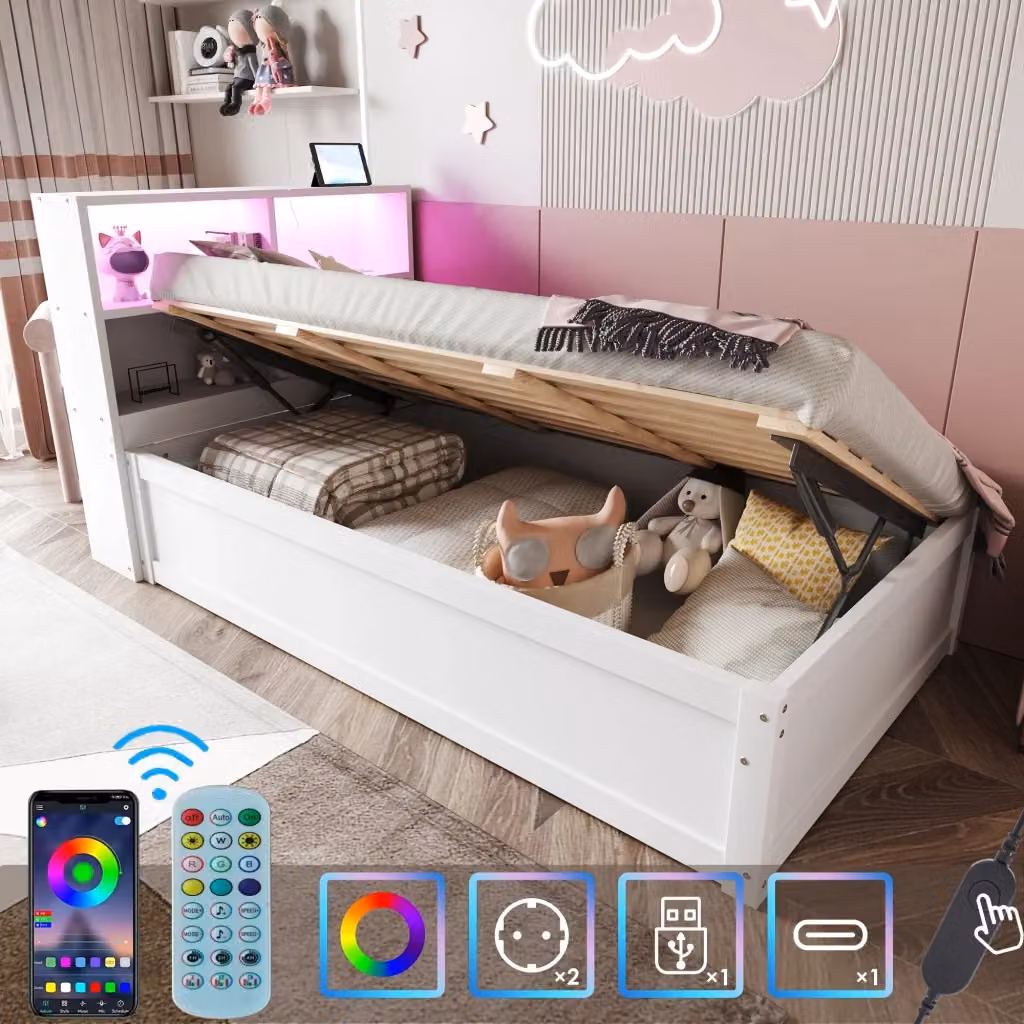Letto divano singolo OKWISH bianco con contenitore sollevabile, luce LED e presa USB, L/P: 90 x 200 cm – 2