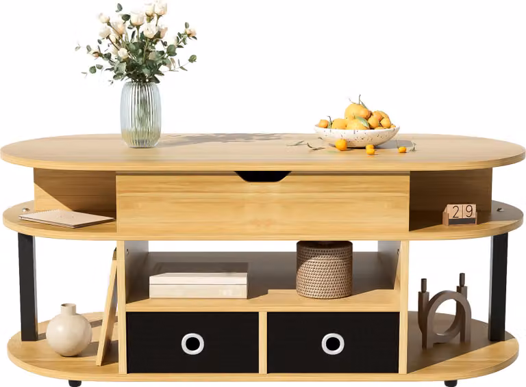 AIORBER Tavolino moderno con funzione di sollevamento, tavolo da soggiorno regolabile in altezza, ampio spazio di archiviazione, cassetti in tessuto nero Colore legno + nero