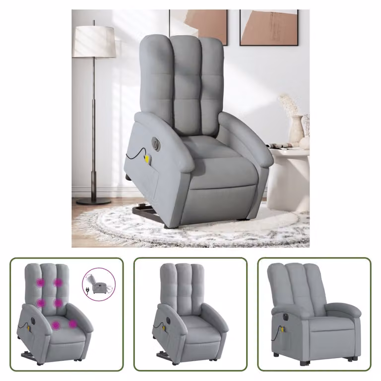 The Living Store Poltrona massaggiante elettrica con ausilio per la posizione eretta Tessuto grigio chiaro