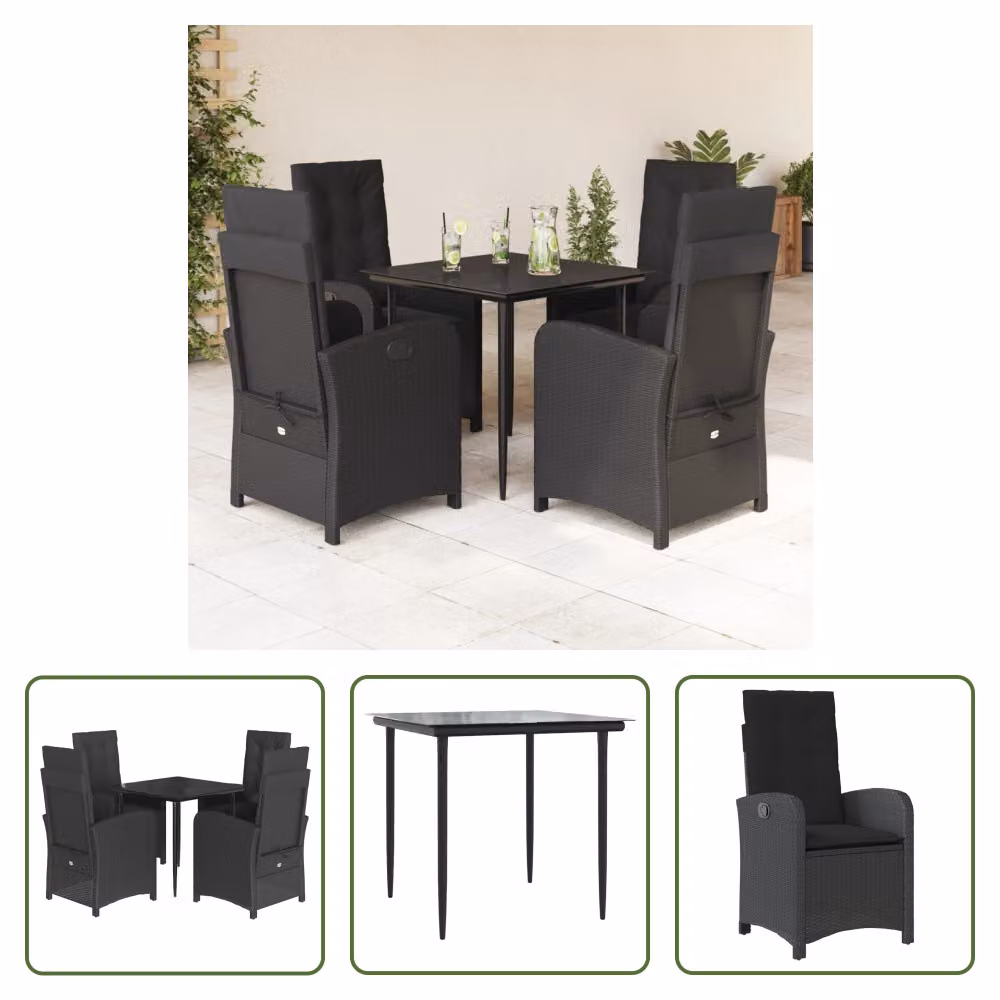 The Living Store Set da pranzo da giardino 5 pezzi con cuscini in poly rattan nero