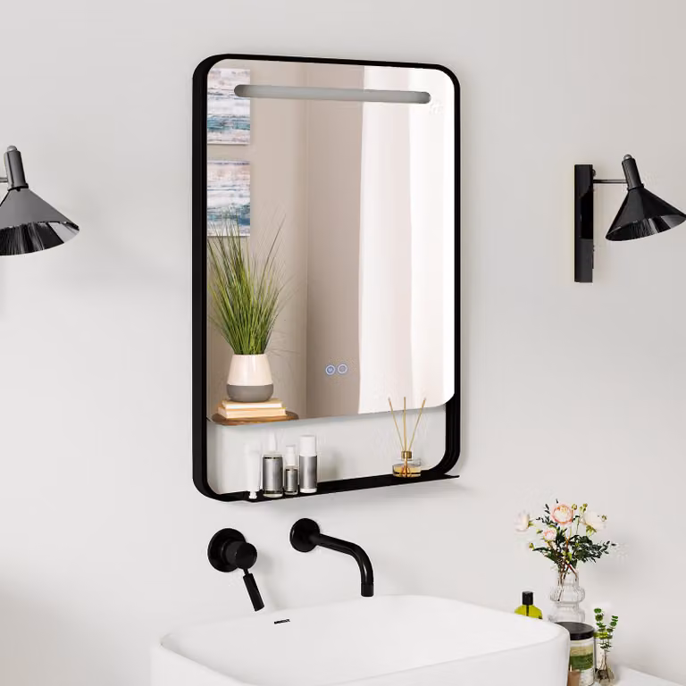 Specchio da bagno Costway con mensola e cornice in alluminio, specchio da trucco con luce LED regolabile, funzione antiappannamento e touch switch, disponibile in bianco o nero