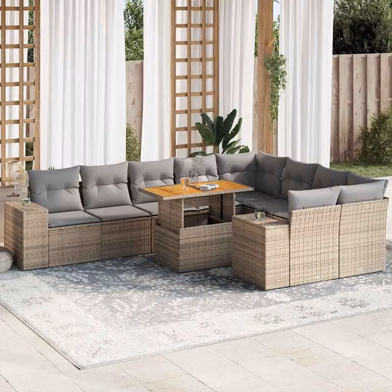 Set da giardino vidaXL composto da 10 pezzi con cuscini beige in polyrattan e legno di acacia