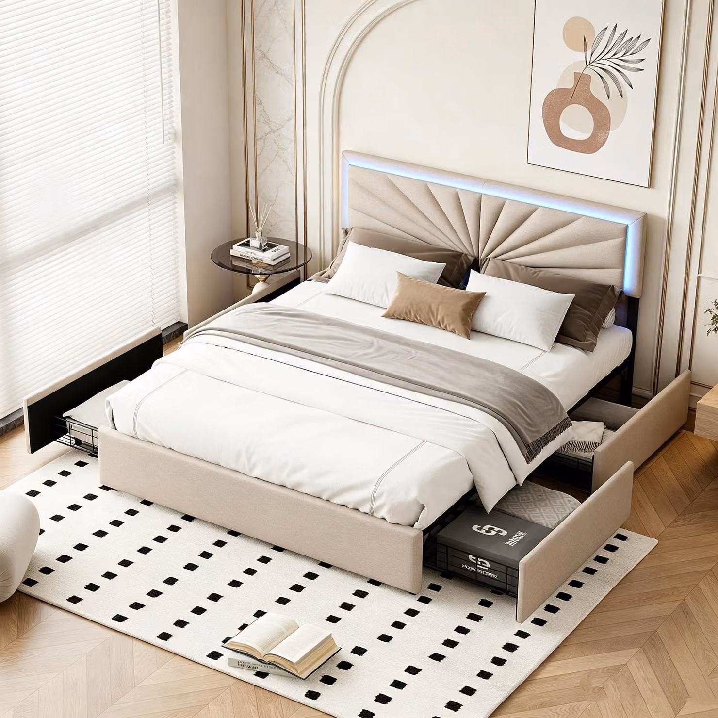 Letto imbottito INONEFT, 160x200 cm, con 4 cassetti. Letto matrimoniale imbottito con poggiatesta regolabile in altezza, struttura del letto con rete a listelli, colore: lino, beige
