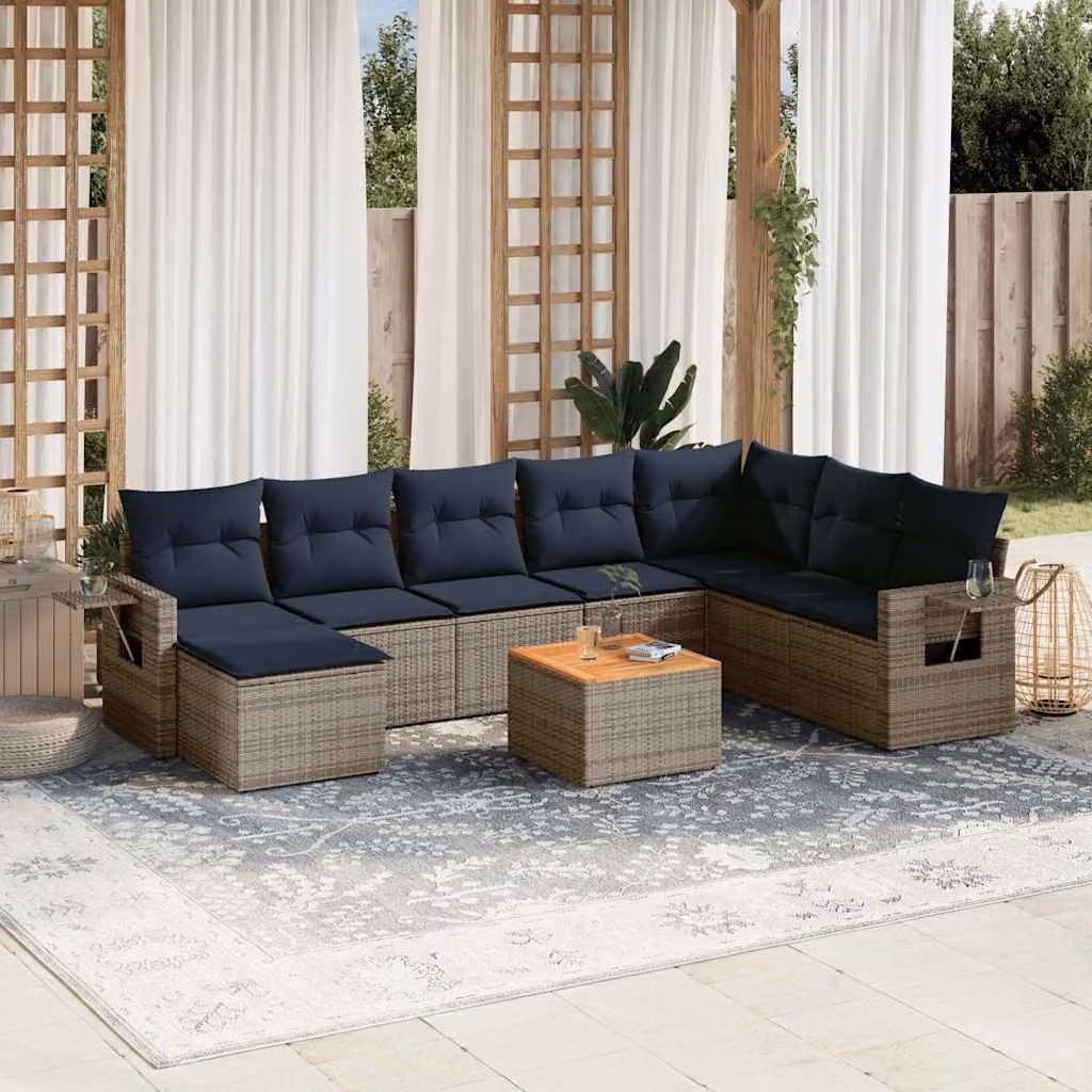 Set di divani da giardino vidaXL in polyrattan grigio con cuscini, tavolino e pouf, design moderno a forma di L
