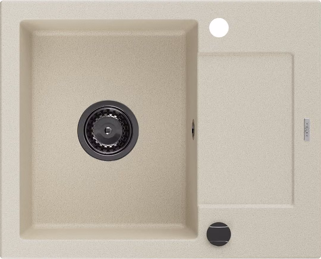 Mexen Enzo lavello in granito monovasca con sgocciolatoio 576 x 465 mm, beige, sifone nero - 6506571005-69-B