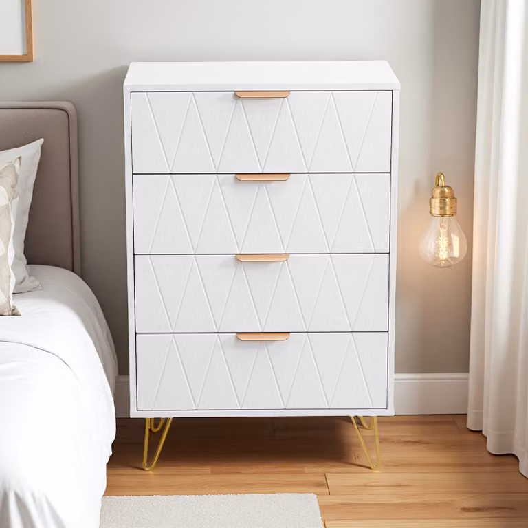 UnboxG Comò bianco 60×34×90 cm – 4 cassetti, armadio contenitore, spazio di archiviazione per camera da letto, soggiorno o ufficio
