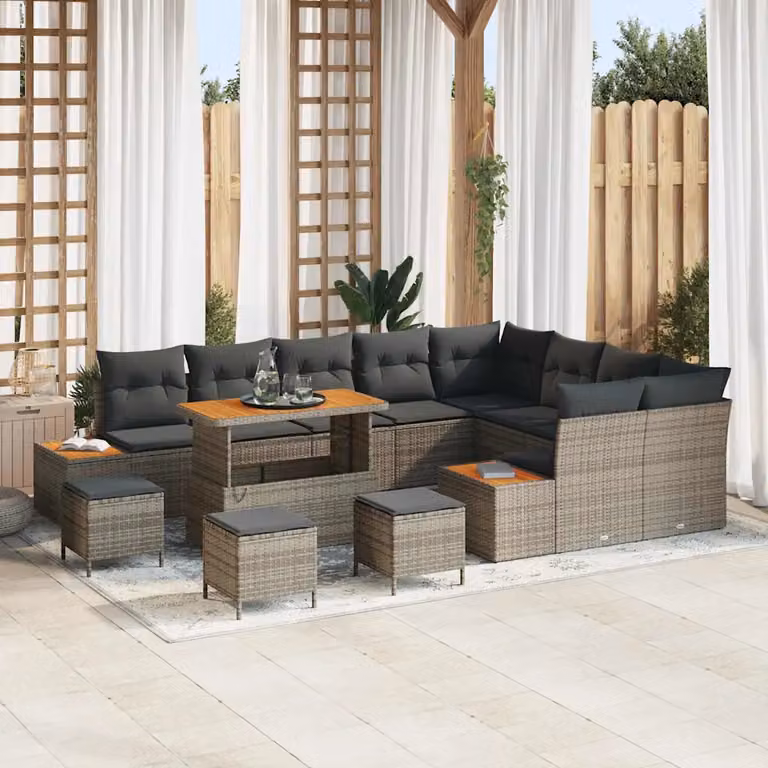 Set Divano da Giardino vidaXL 13 Pezzi Grigio con Cuscini e Tavolino da Esterno in Rattan e Acciaio
