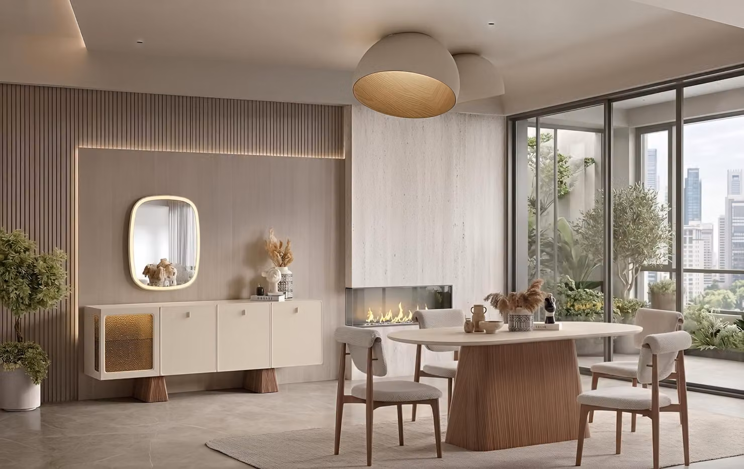 Set per sala da pranzo: tavolo, sedie, credenza, specchio, stile moderno, beige, nordico