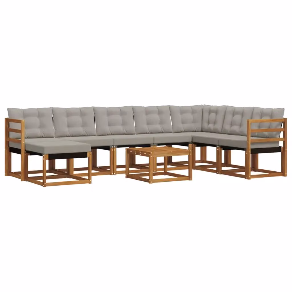 Set di divani da esterno a L vidaXL in legno di acacia con cuscini beige e grigio composto da 9 pezzi con tavolino e pouf – 2