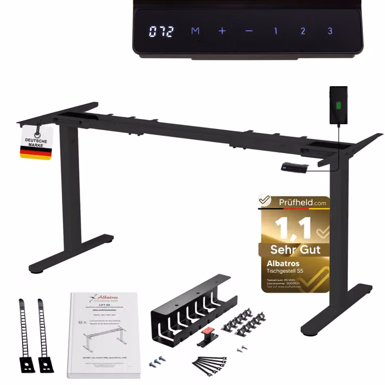Telaio per scrivania ALBATROS Lift S5B + canalina, nero, 2X motori, regolabile elettricamente in altezza con funzione di memoria, protezione anticollisione e soft start/stop