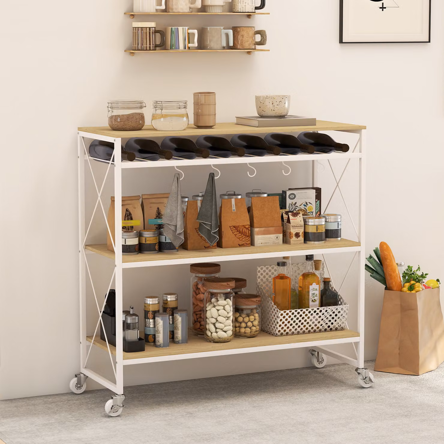 Carrello Portavivande HOMCOM a 4 Livelli con Portabottiglie e 5 Ganci Rimovibili in Legno e Metallo, Bianco, L/P/H: 96.5 x 38 x 96.7 cm – 2