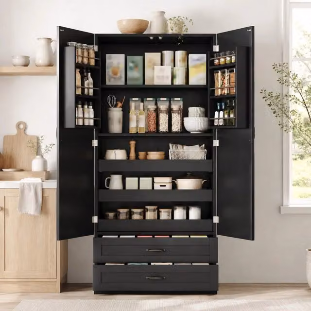 Mobile colonna da cucina con 3 ripiani estraibili 2 cassetti e ante doppie in MDF nero 80 × 37.5 × 180 cm