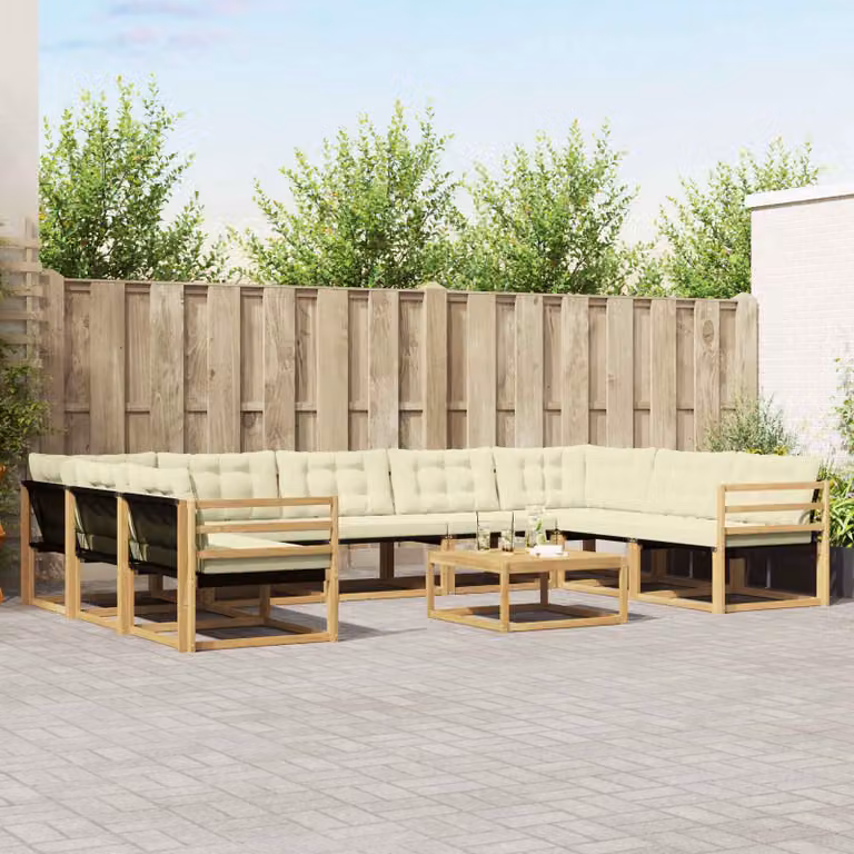 Set di divani da esterno vidaXL 10 pezzi a forma di U in legno di acacia con cuscini bianchi e beige
