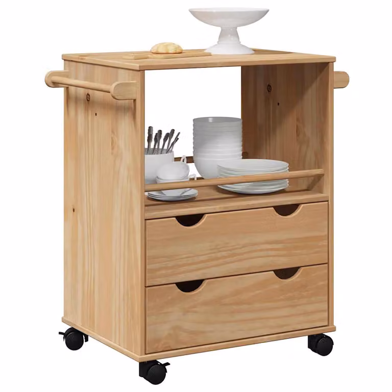 vidaXL Carrello da Cucina OTTA in Legno di Pino Massello Marrone con Ruote L/P/H: 59 x 45 x 80 cm