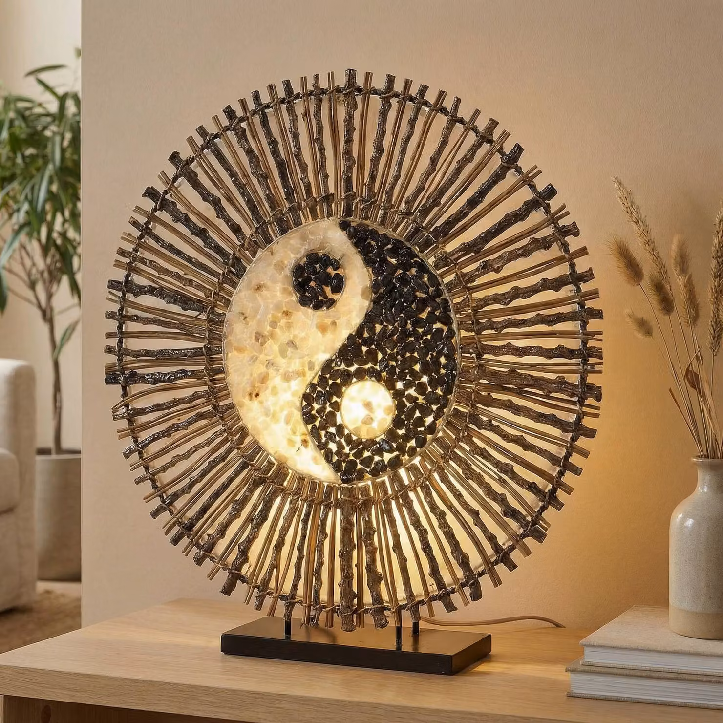 Woru Lampada da tavolo Ying Yang Batur, Legno scuro, Soggiorno / Sala da pranzo, Pietra, Design, Lampada da tavolo