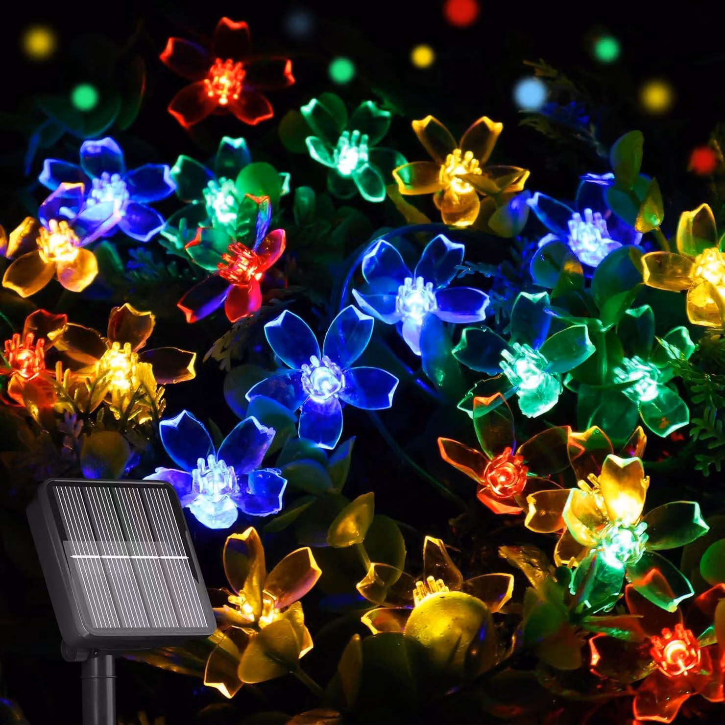 Catena luminosa solare, 12 metri, 100 LED a forma di fiore di ciliegio, impermeabile, 8 modalità