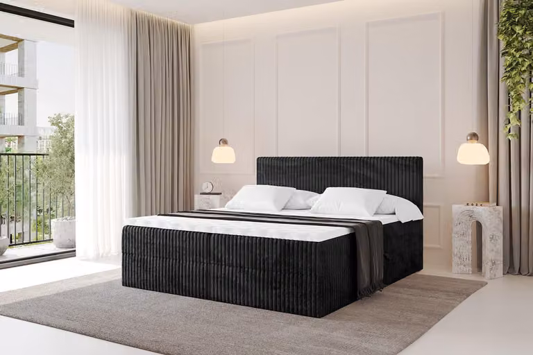 Letto boxspring ALTDECOR - TOLO 160x200 Cord - Nero - Set completo con materasso a molle Bonell e topper, letto imbottito con materasso H3 e contenitori, rete a doghe, letto con contenitore, letto matrimoniale, letto box